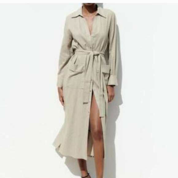 Zara Dresses & Skirts - NWT. Zara Midi Linen Blend Dress Pockets long sleeve Sz S